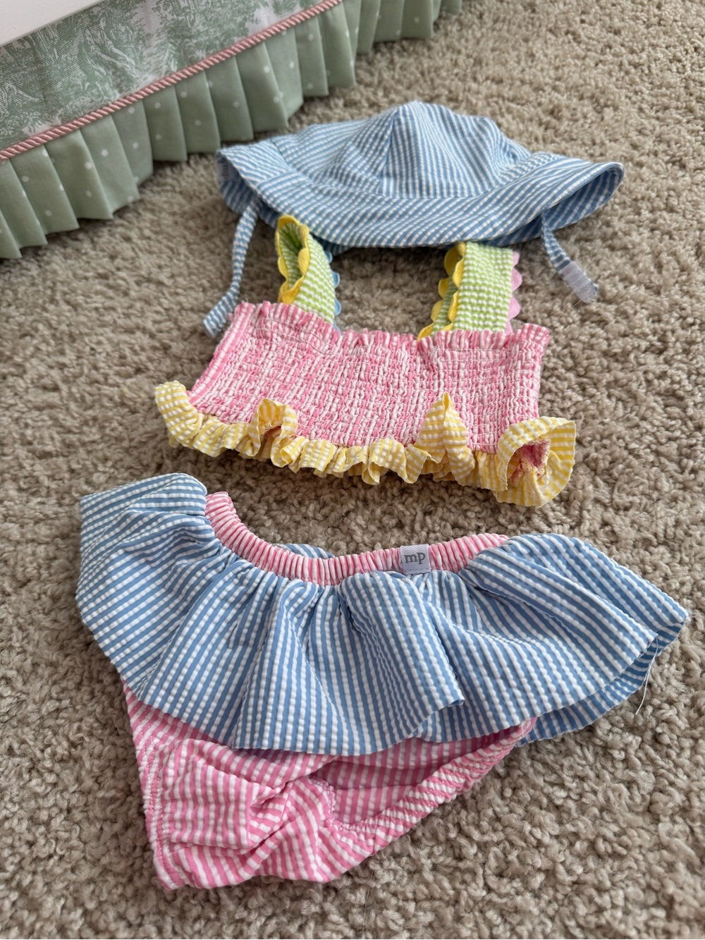 Mud Pie Pink, Blue & Yellow Seersucker Two-Piece Swim Set with Sun Hat